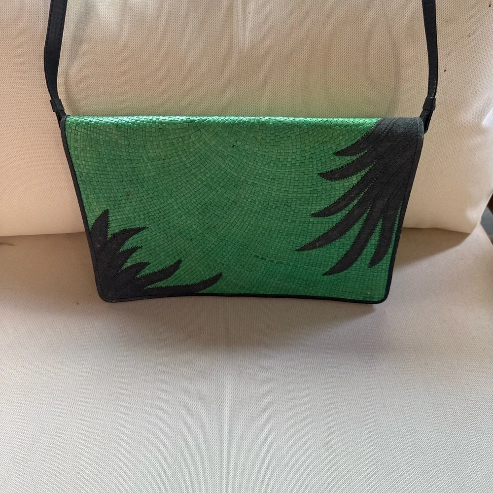 Vintage Green rattan Crossbody Bag with Black Accents